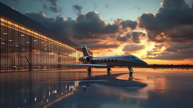 Private jet parked on wet tarmac beside modern glass hangar at sunset