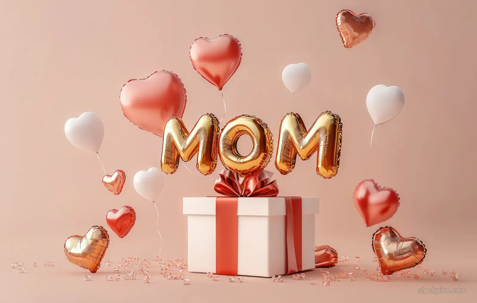 Mother’s Day gift box with gold “Mom” letters surrounded by floating heart balloons on a pastel background.