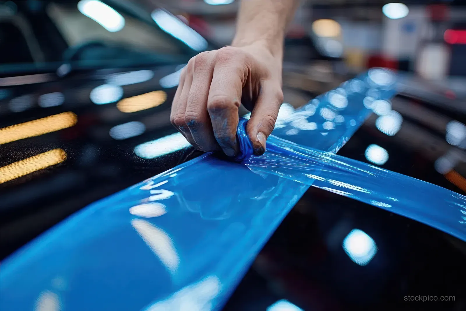 Close-up of a hand peeling blue protective plastic film from a glossy black surface in a workshop.