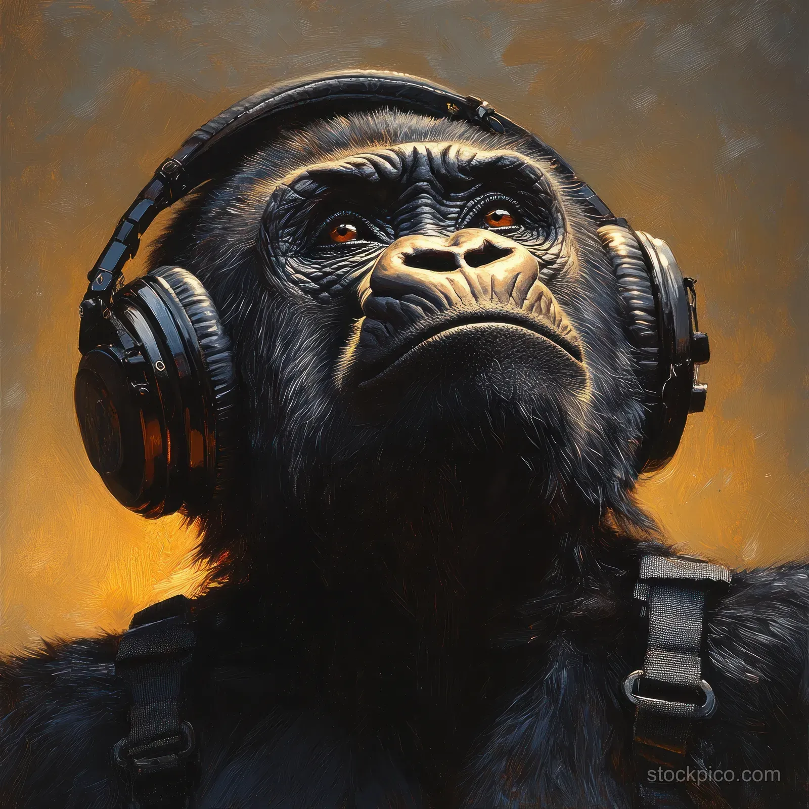 A gorilla wearing large over-ear headphones in a warm orange-lit portrait.