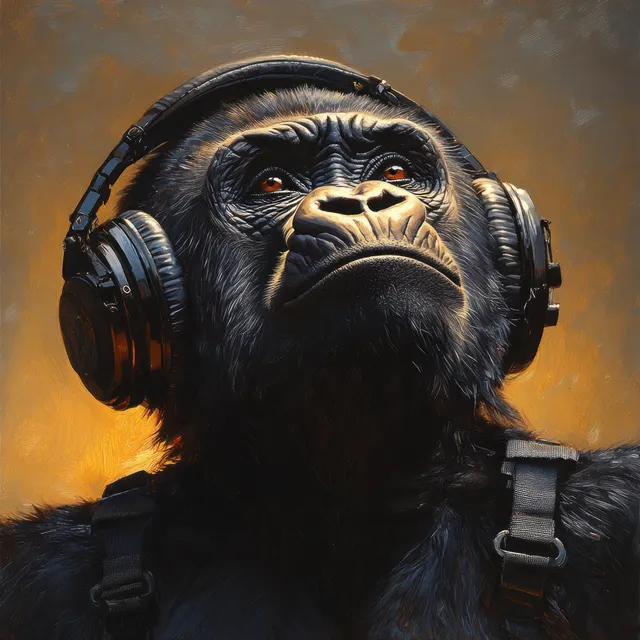 Gorilla in headphones listening to music, contemplative portrait with warm studio-like lighting