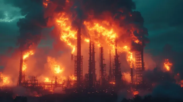 Oil refinery flare stacks blasting orange flames and thick black smoke into night sky