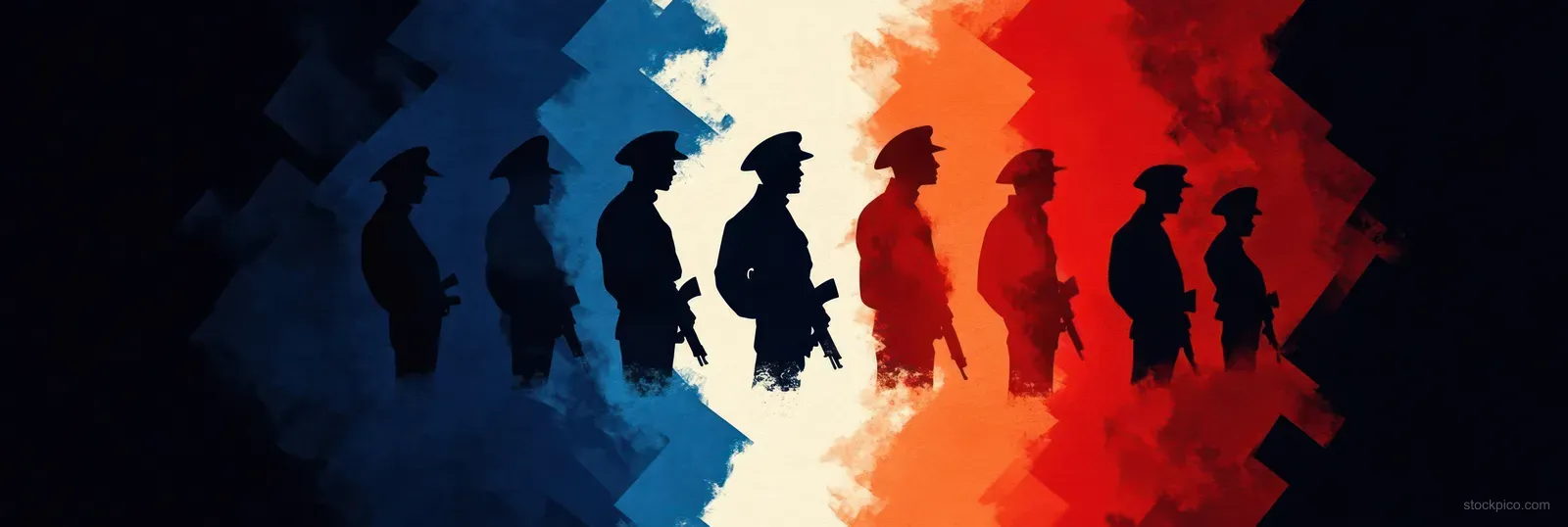 Soldier silhouettes in formation stand against a blended blue white and red paint background.