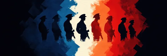 Soldier silhouettes in formation stand against a blended blue white and red paint background.