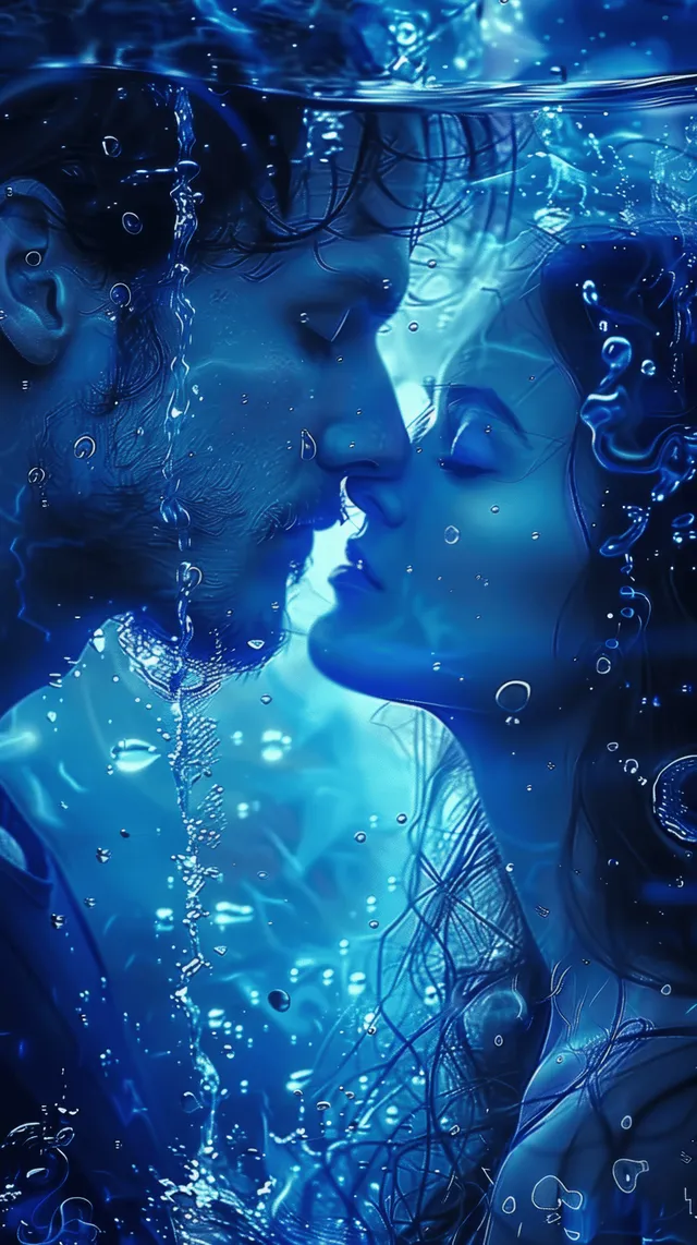 Underwater couple kissing close-up, surrounded by bubbles and glowing blue light in a fantasy ocean.