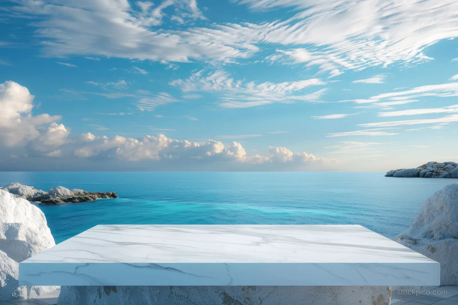 White marble tabletop in front of a calm blue ocean and cloudy sky.