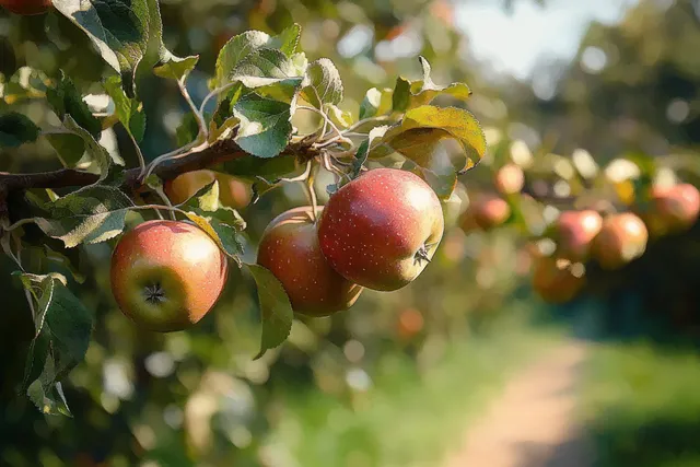 Ripe red apples hanging on orchard branches with green leaves under soft sunlight