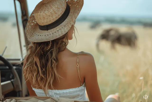 Woman in a straw hat sits in a safari jeep watching elephants walk across the sunlit savanna.