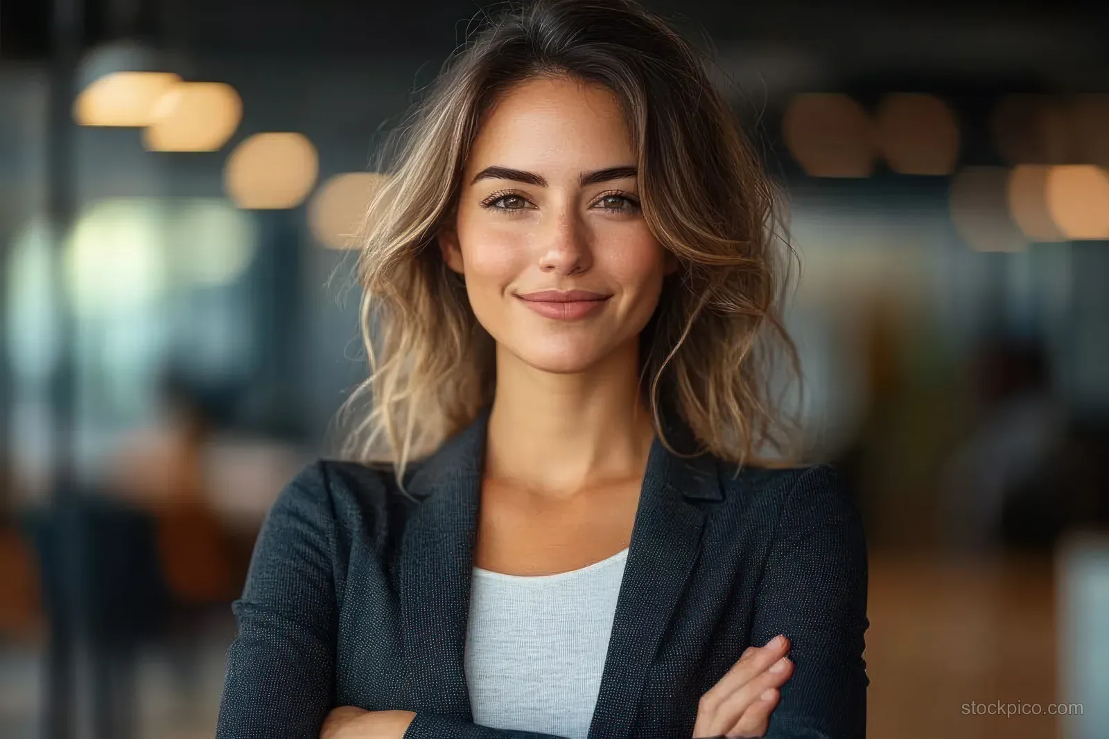 A smiling businesswoman with arms crossed in a modern office, highlighted by warm bokeh lights behind her.