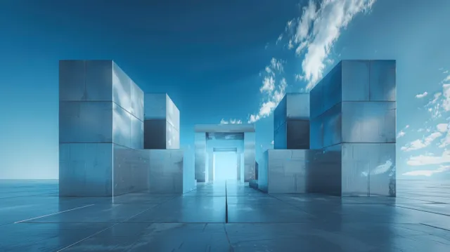 Skylit corridor between geometric blue-tinted building walls with a distant entrance and wavy facade detail.