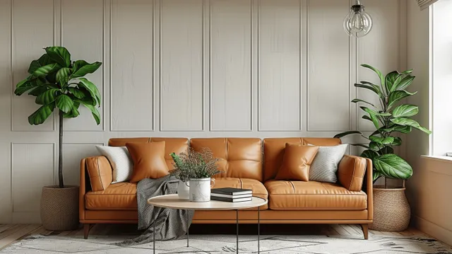 Brown leather sofa against white wood panel wall with green potted plants and a round coffee table in a bright living room.