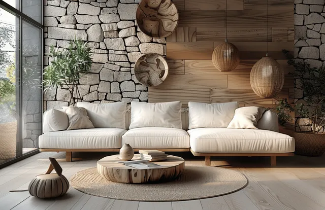 White sectional sofa sits against a textured stone wall with warm wood shelves and a round coffee table in a minimalist living room.