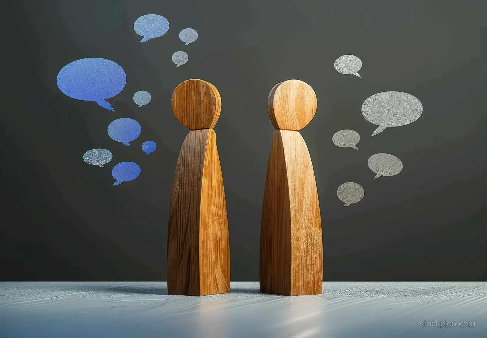 Two wooden figures face away with blue and gray speech bubbles floating above them against a dark background.