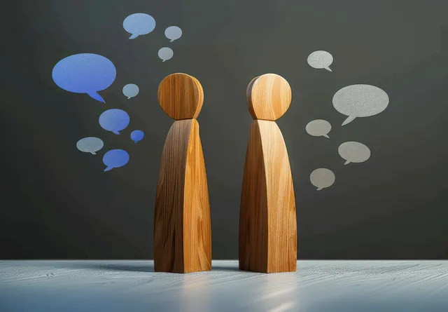 Two wooden figures face away with blue and gray speech bubbles floating above them against a dark background.