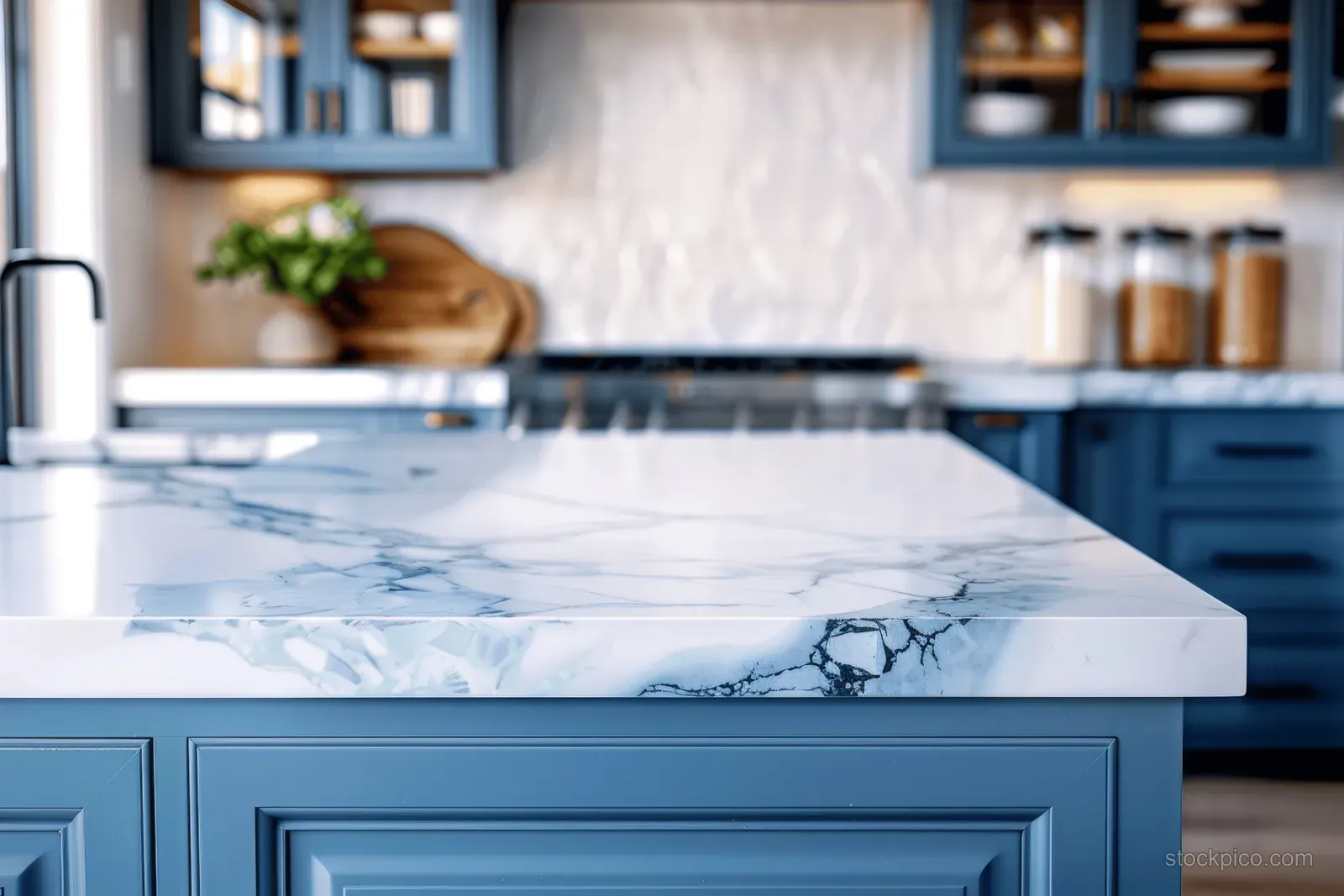 White marble countertop with veining sits on blue kitchen cabinets with a vase and blurred background lighting.
