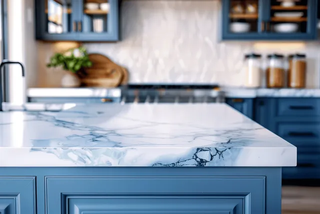 White marble countertop with veining sits on blue kitchen cabinets with a vase and blurred background lighting.