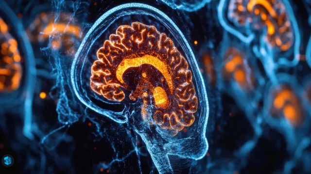 3D PET CT brain scan visualization with glowing neural pathways and highlighted functional hotspots inside the head.