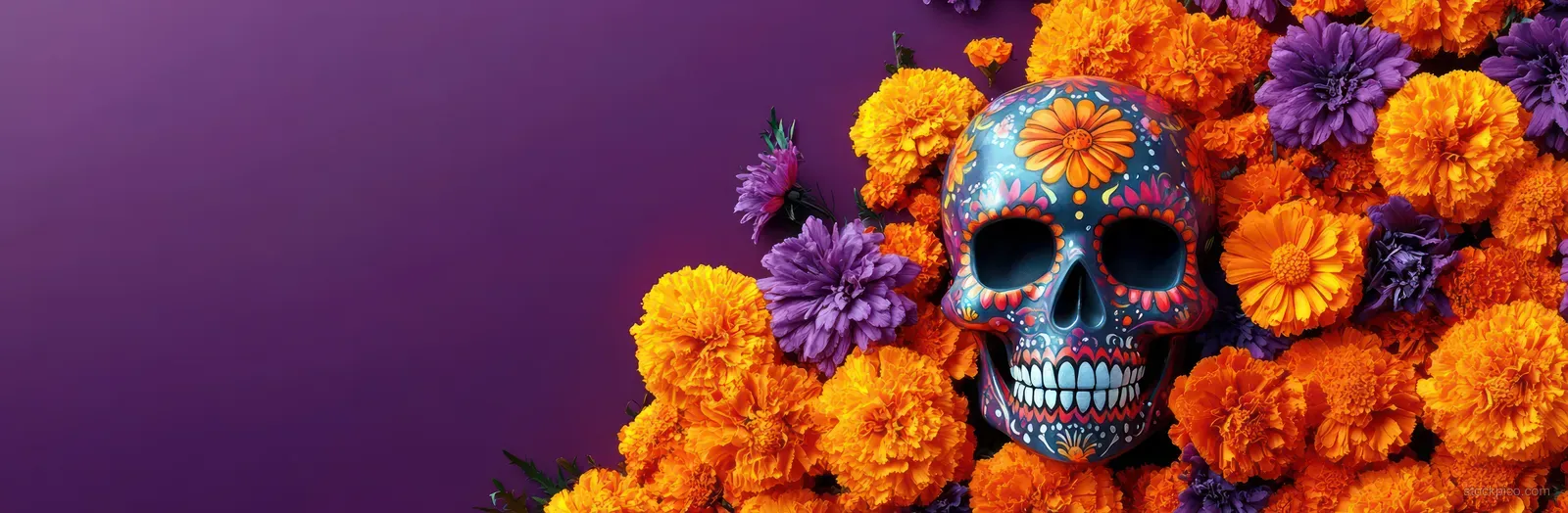Sugar skull with glowing marigold flower garland against a vivid purple pop-art background.