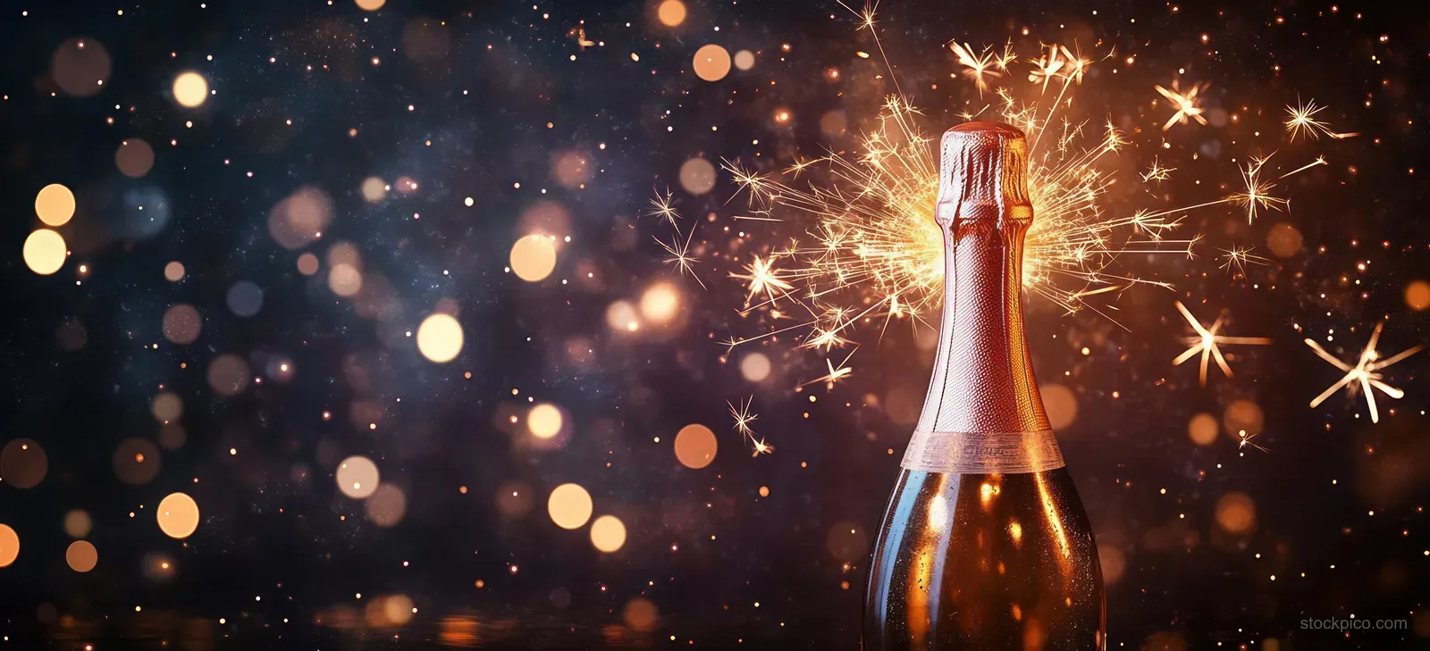 Champagne bottle with sparklers sparkling over a dark New Year bokeh background.
