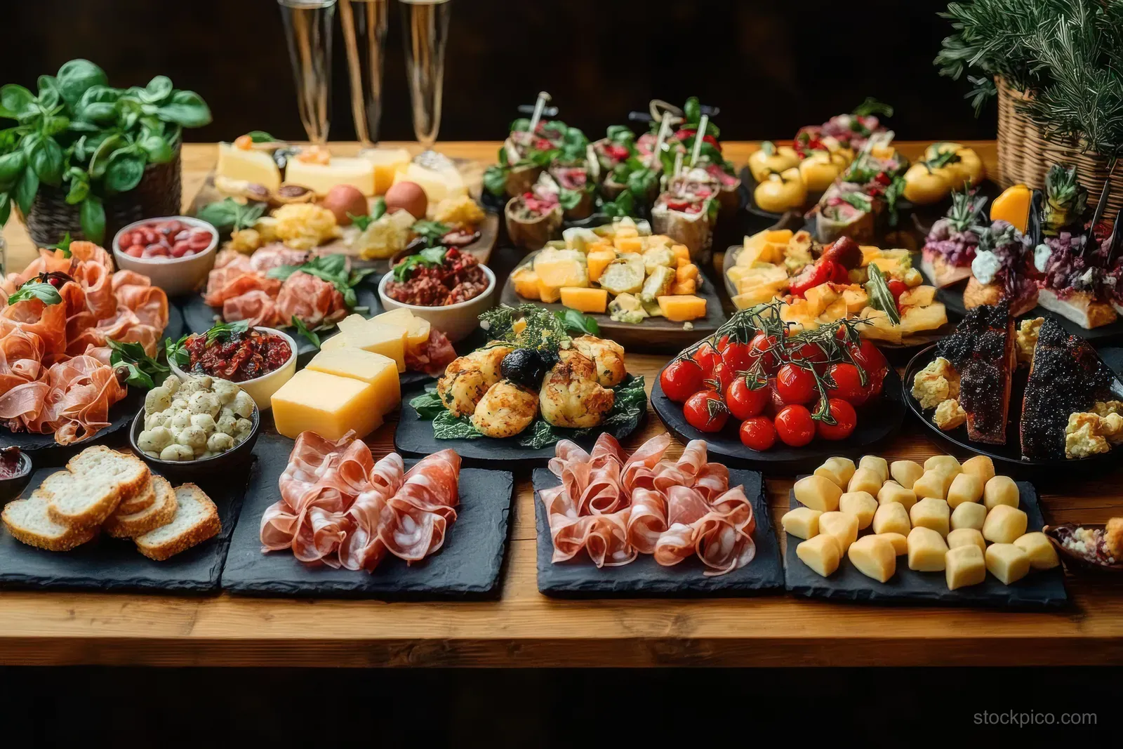 Assorted cheeses, prosciutto, cherry tomatoes, canapés, and herbs displayed on a wooden charcuterie buffet table.