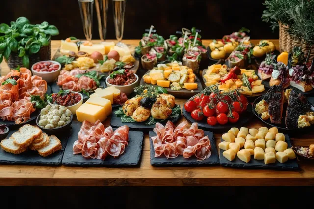 Assorted cheeses, prosciutto, cherry tomatoes, canapés, and herbs displayed on a wooden charcuterie buffet table.