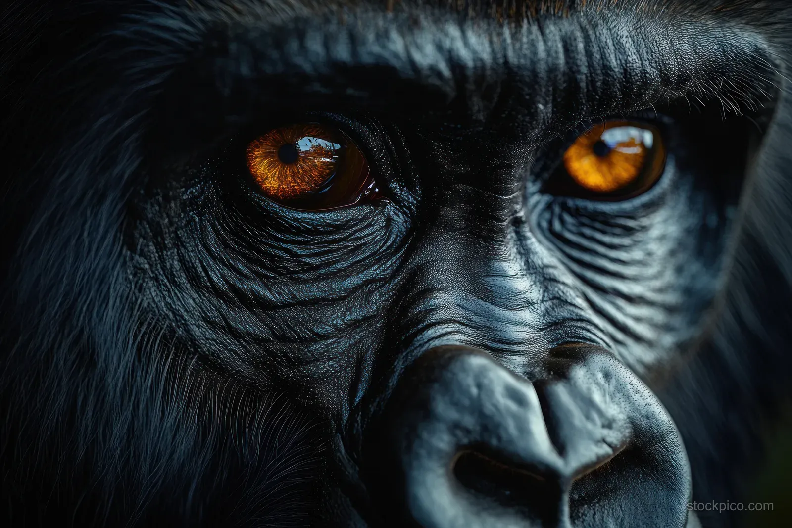 A close-up gorilla face shows wrinkled dark skin and intense amber eyes reflecting light.