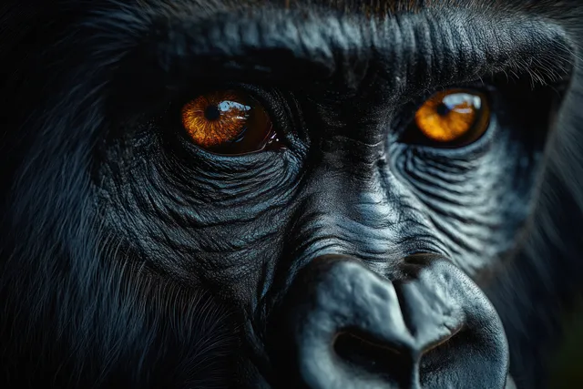 Close-up gorilla face portrait with intense amber eyes and detailed textured skin