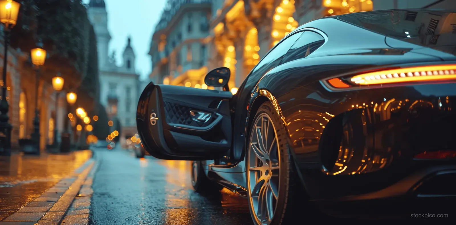 A black luxury car and a suited chauffeur gesture by the open door on a rainy city street at night.
