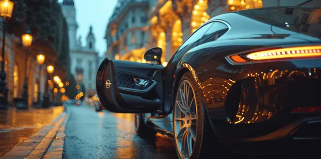 A black luxury car and a suited chauffeur gesture by the open door on a rainy city street at night.
