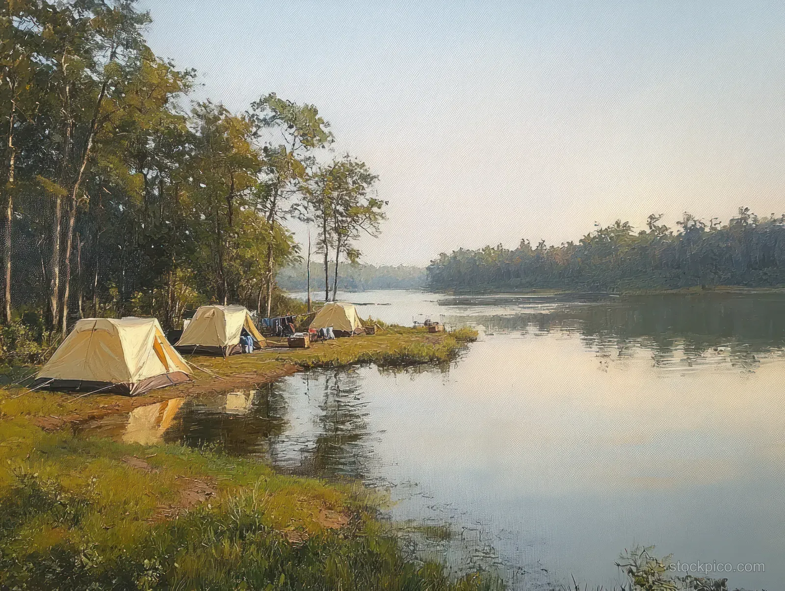 Aerial view shows yellow camping tents along Sermo Lake at dawn with calm reflective water and light fog.