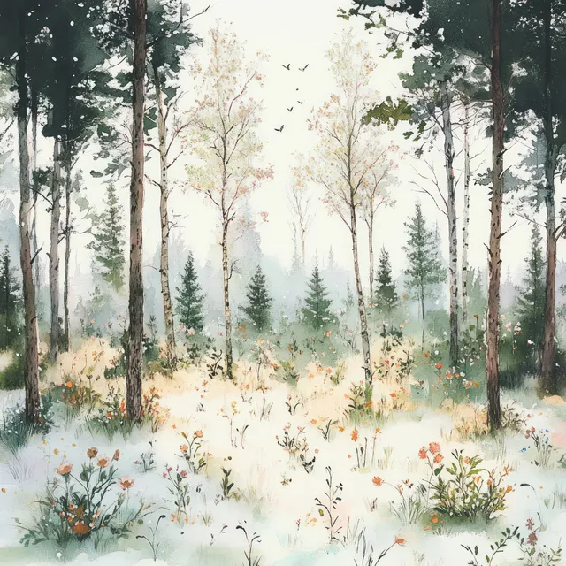 Watercolor pine trees in a misty forest clearing with pale wildflowers and soft sunlit haze.