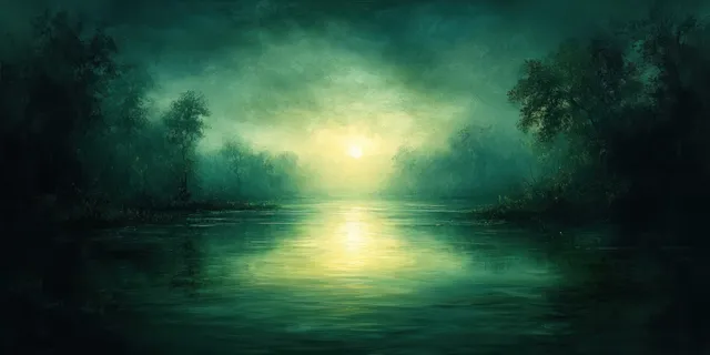 Misty emerald lake at dusk with tree silhouettes and a soft glowing light over the water.