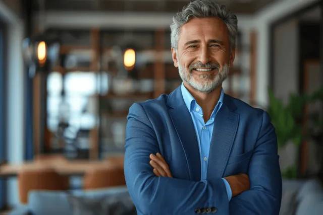 Mature bearded man in a blue suit smiles with arms crossed in a modern office hallway.