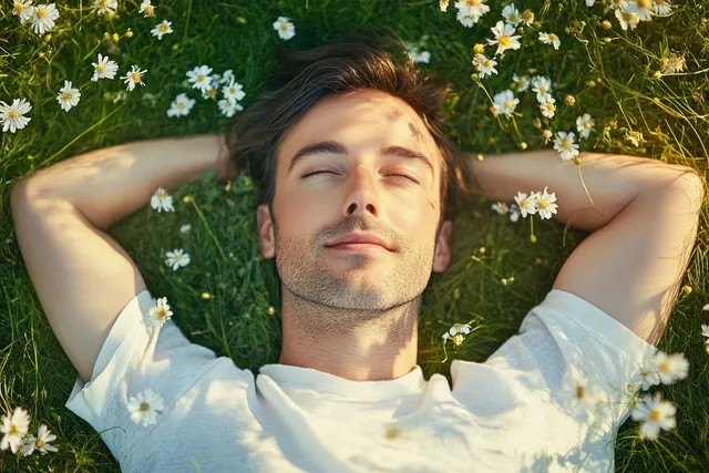 An adult man reclines on grassy ground covered with daisies, smiling with arms behind his head in warm golden light.