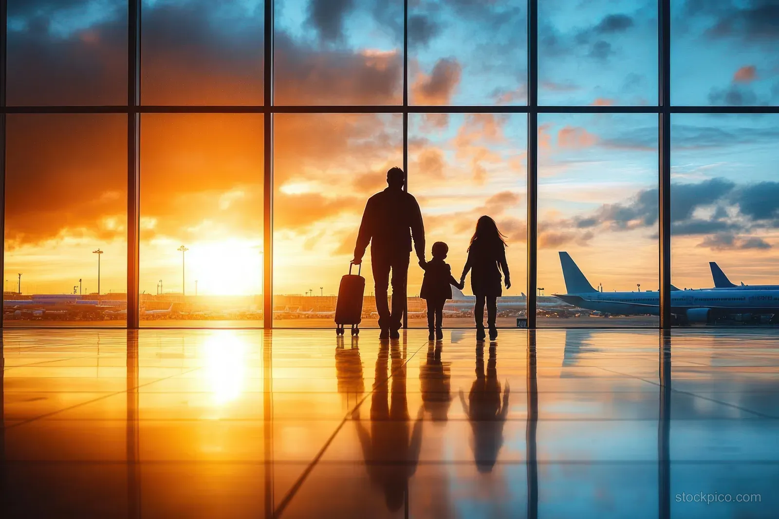Silhouetted family and young child walk in an airport terminal, pointing at an airplane through a large window at sunset.