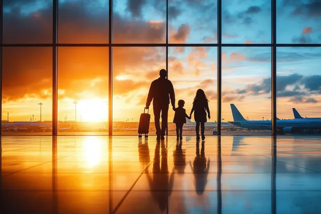 Silhouetted family and young child walk in an airport terminal, pointing at an airplane through a large window at sunset.
