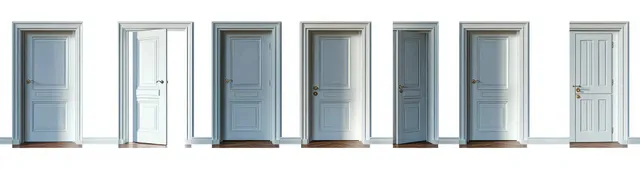 Seven classic white doors stand in a row, some open and some closed, against a plain wall with wooden flooring.