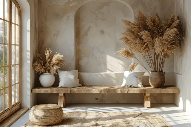Sunlit living room corner with wooden bench, neutral cushions, and pampas grass in a vase by a window.