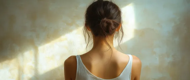 Woman seen from behind in a minimalist portrait with soft glowing light and gentle shadows.