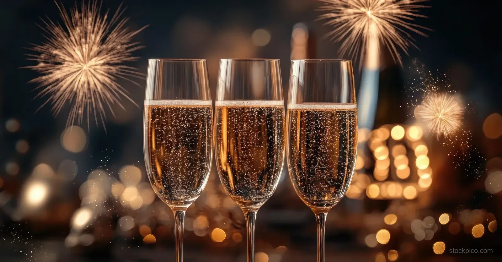 Three champagne glasses with sparkling liquid sit in front of night fireworks and warm bokeh lights.
