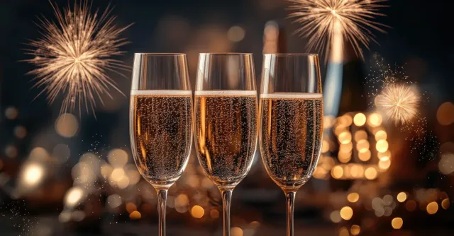 Three champagne glasses clinking at night with fireworks and glowing 2025 lights
