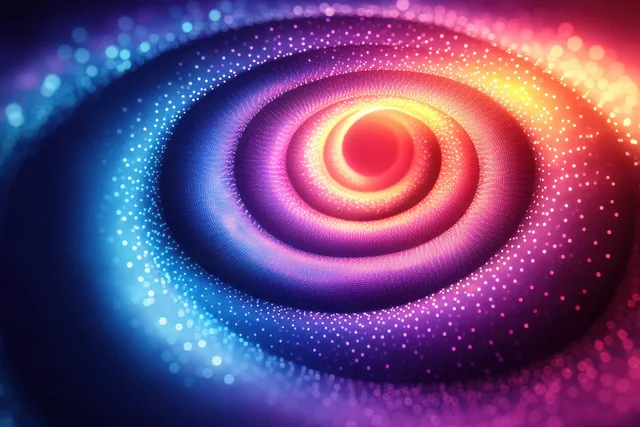 Neon concentric wavy circles with a glowing center appear inside a round frame against a dark gradient background.