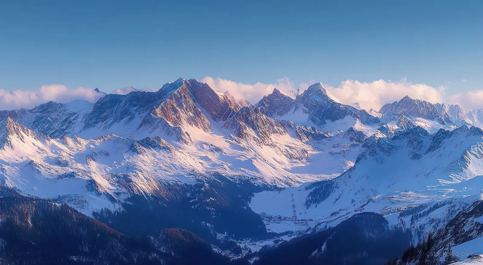 Panoramic snowy mountain peaks under clear blue sky with warm sunrise light and soft pink clouds.