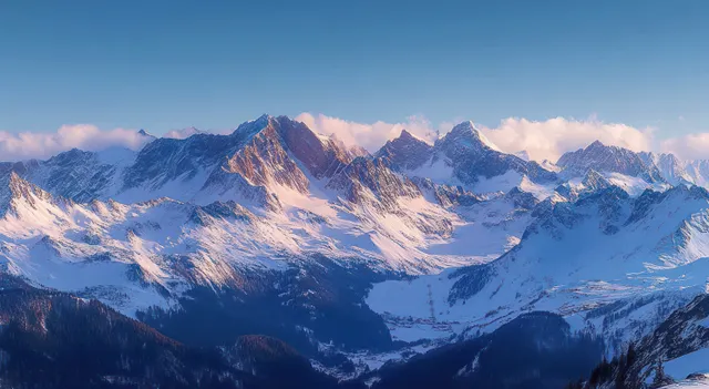 Panoramic snowy mountain peaks under clear blue sky with warm sunrise light and soft pink clouds.