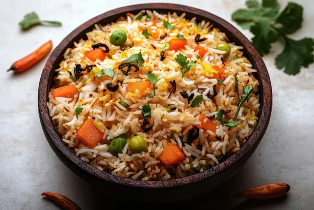 Vegetable fried rice in a bowl with peas, carrots, herbs, and chili peppers on a light background.