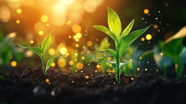 Corn seedlings sprout from soil with warm glowing data-like lights in the background.