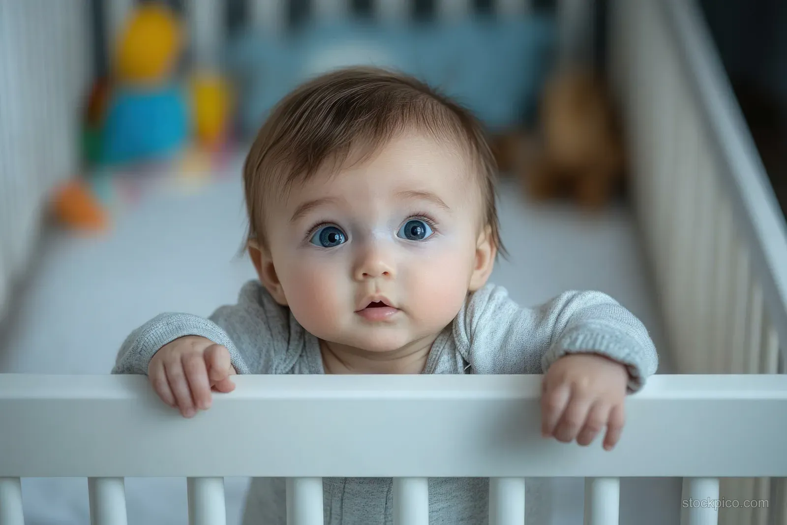 A blue-eyed baby leans over crib railing in a softly lit nursery, staring with a curious surprised expression.