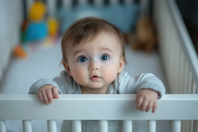 A blue-eyed baby leans over crib railing in a softly lit nursery, staring with a curious surprised expression.