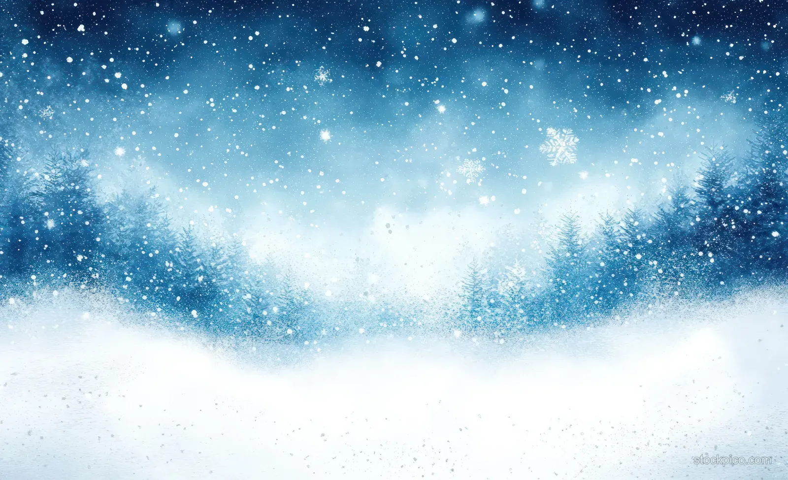 Aerial winter landscape under falling snowflakes with a bright blue sky and misty white glow near the horizon.