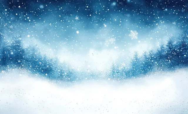 Aerial snowy winter landscape with falling snowflakes and a glowing blue horizon